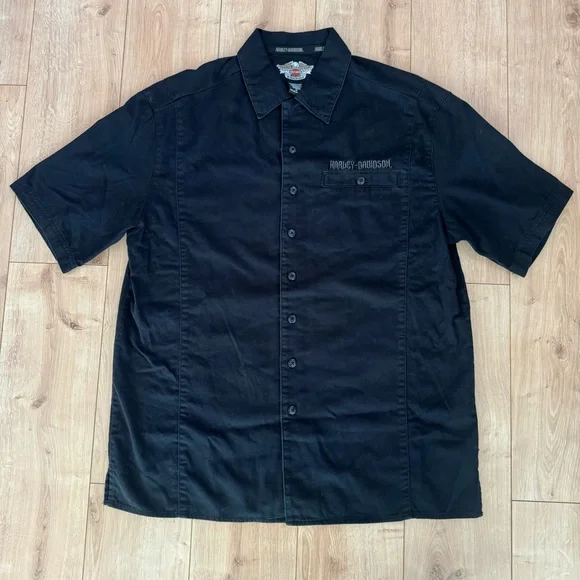 Harley Davidson Embroidered Flames Button Up Tee Shirt - Picture 2 of 7